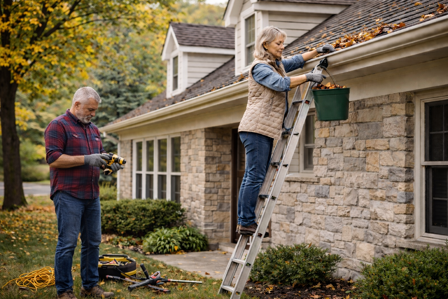 An older couple doing fall maintenance tasks