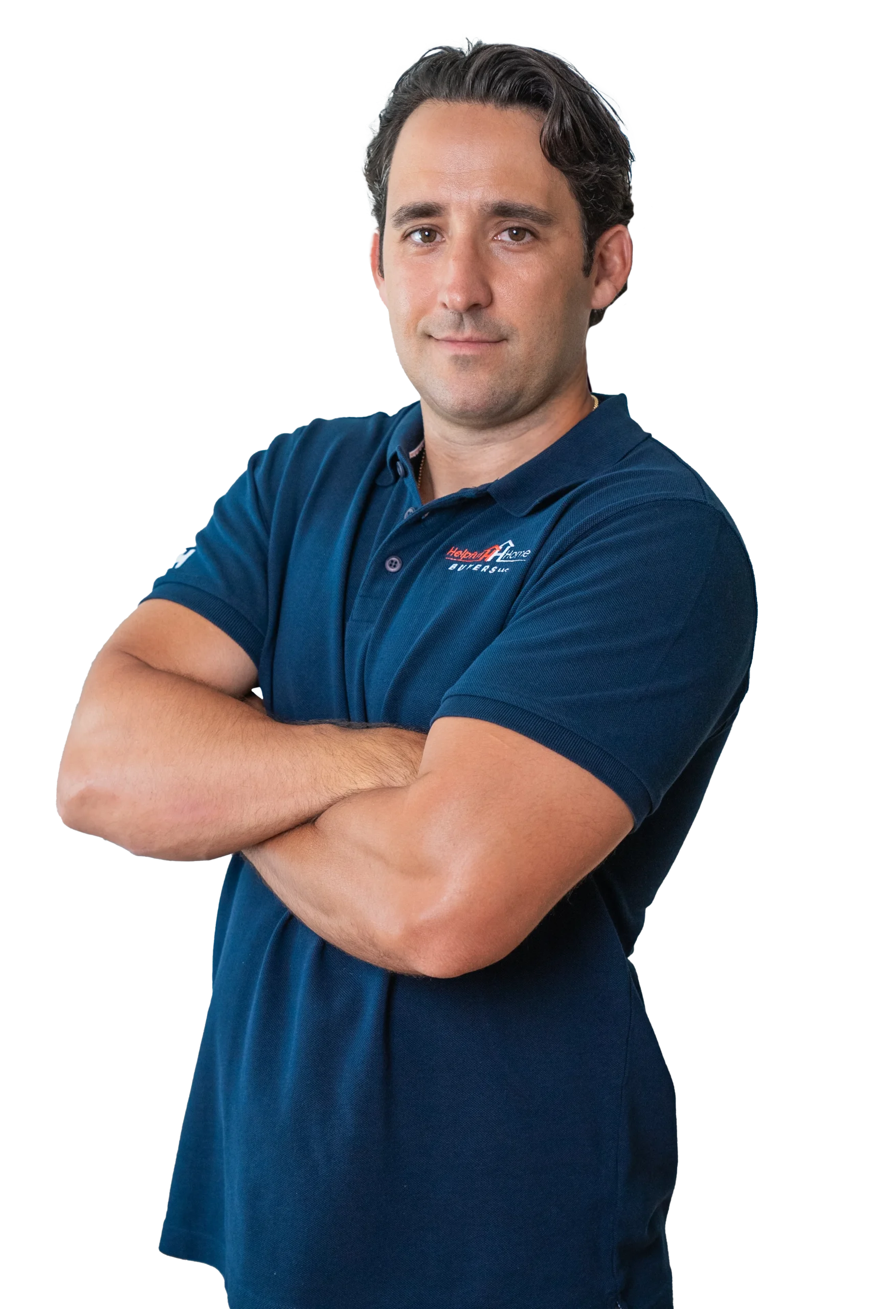 Dan of Helpful Home Buyers smiling with arms folded wearing a Blue polo shirt with the helpful home buyers logo.