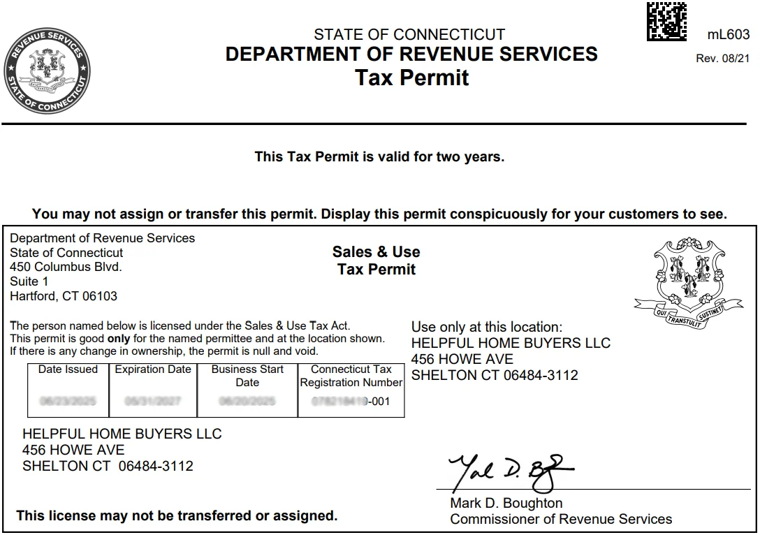 Image of official Helpful Home Buyers Connecticut Tax Permit with seal of state of connecticut revenue services and signed by the commissioner Mark D Boughton