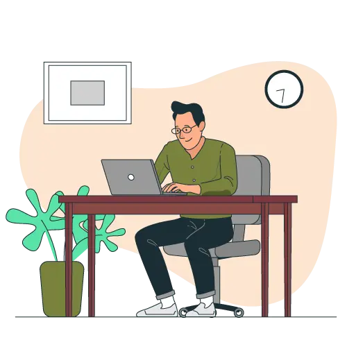 Home Buying Process Step 1 graphic of man sitting at desk on laptop filling out a free quote form.