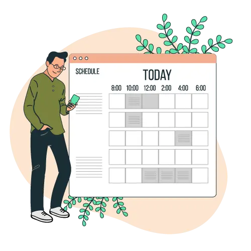 Home Buying Process Step 2 graphic of man standing next to calendar holding smartphone, in the process of booking an appointment for a walkthrough