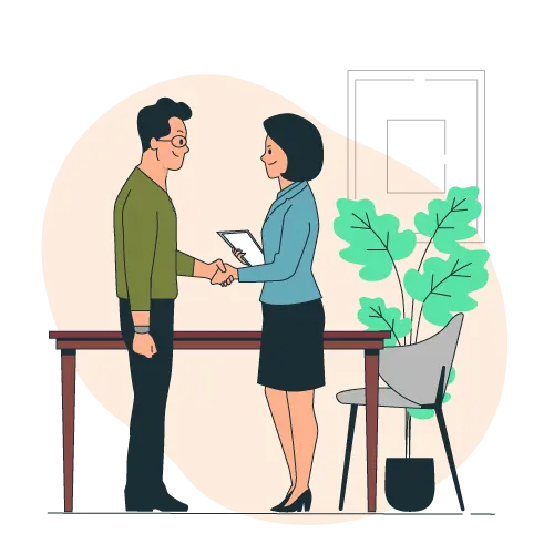 Home Buying Process Step 3 graphic of man shaking hands with a helpful home buyers employee as he accepts his cash offer.