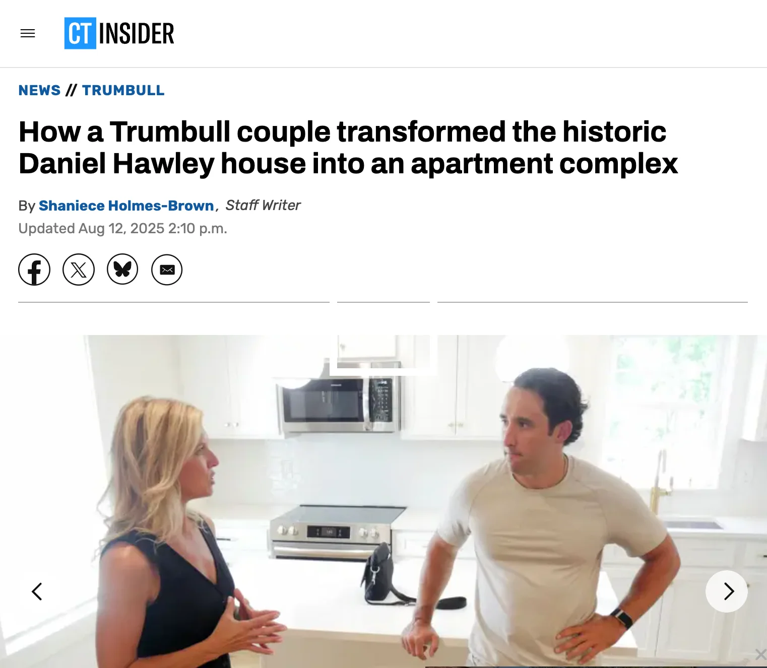Meghan and Dan featured In CT Insider Megan and Dan standing in a renovated kitchen. Image is a screenshot of the title and featured image from a CT Insider post.