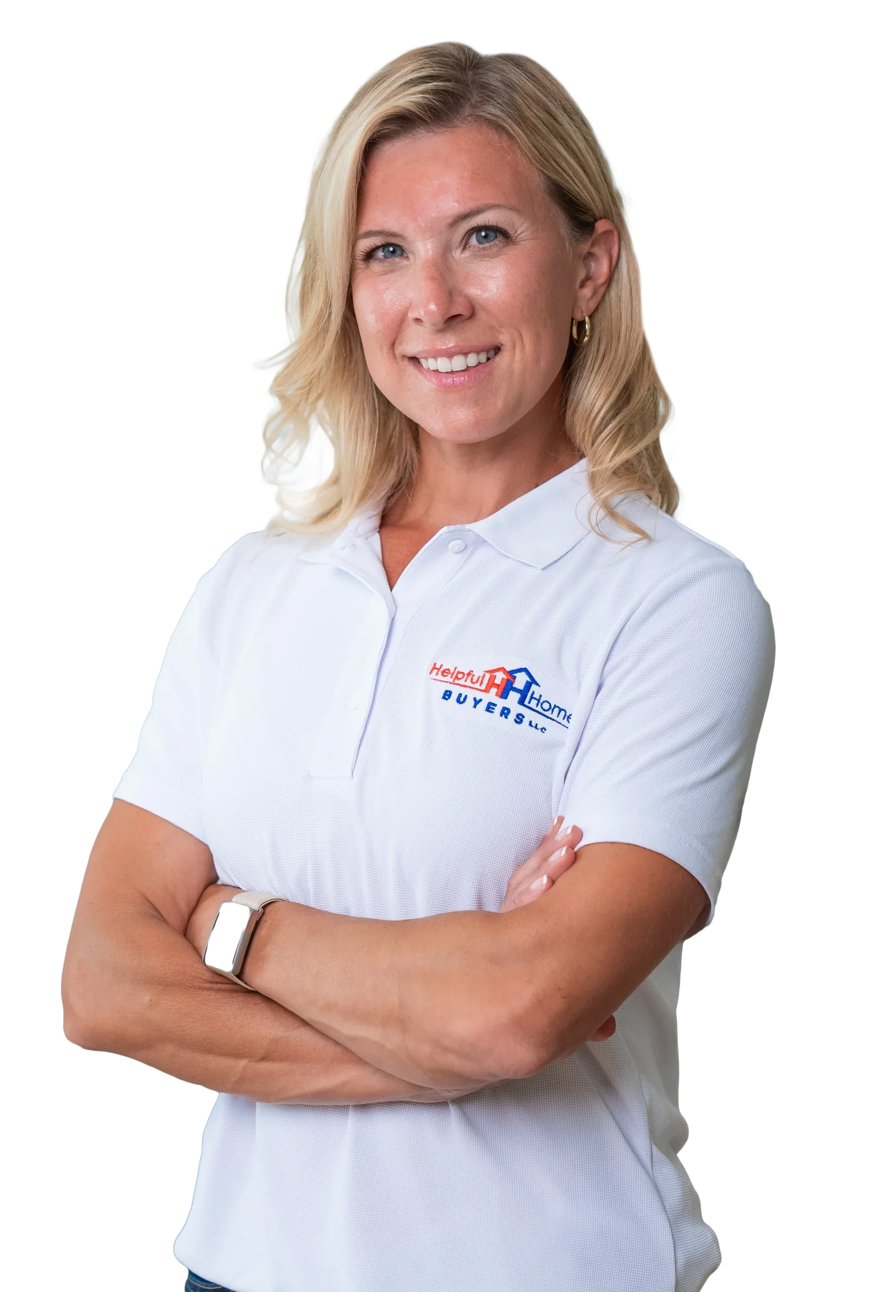 Meghan of Helpful Home Buyers smiling with arms folded wearing a white polo shirt with the helpful home buyers logo.