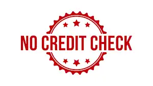 Red badge with circle and stars around the words "no credit check"