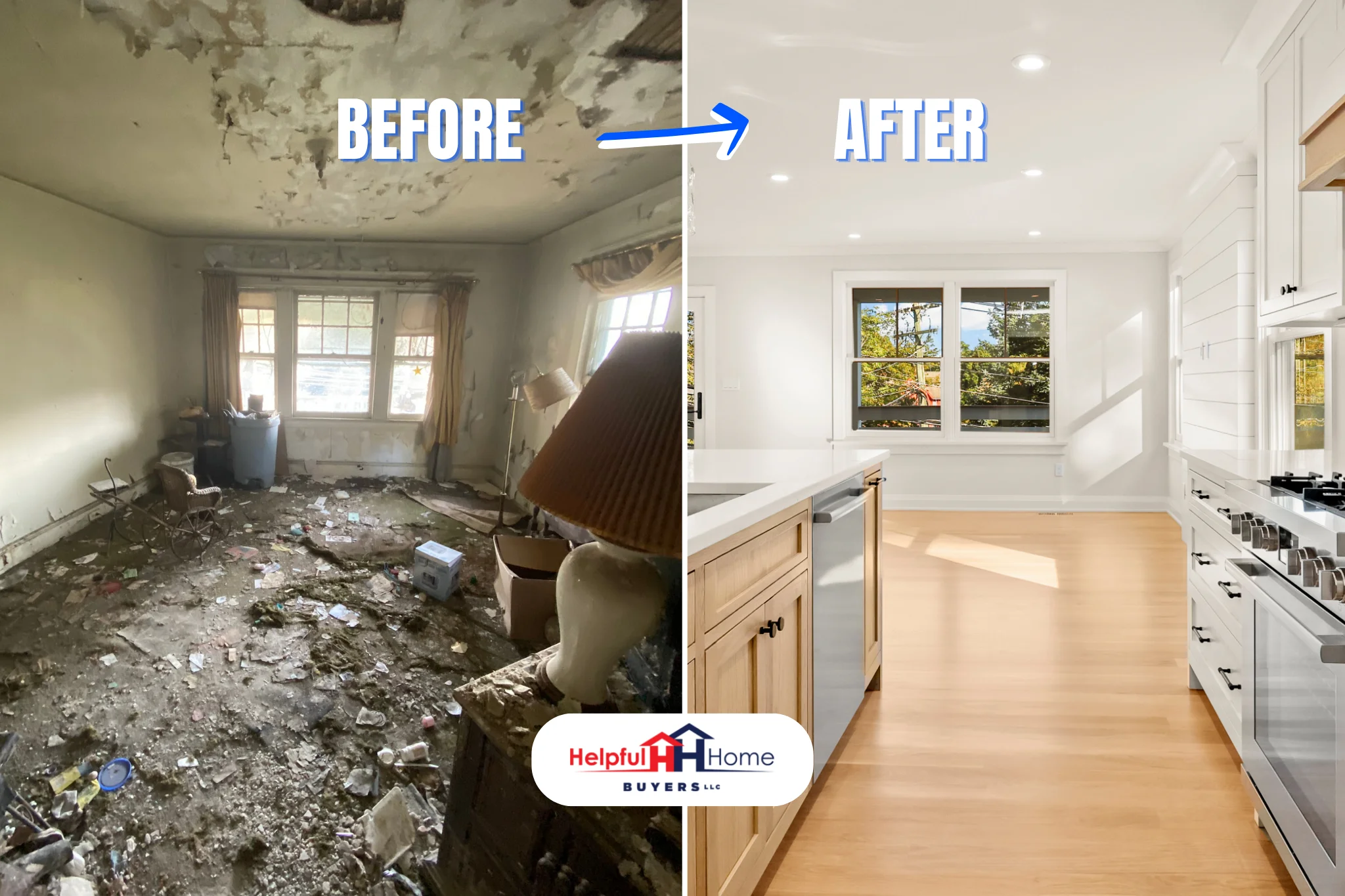 before and after home rennovation before image of a Dirty and run down interior of home on the left and an after photo of the same space on the right after helpful home buyers completed a rennovation.