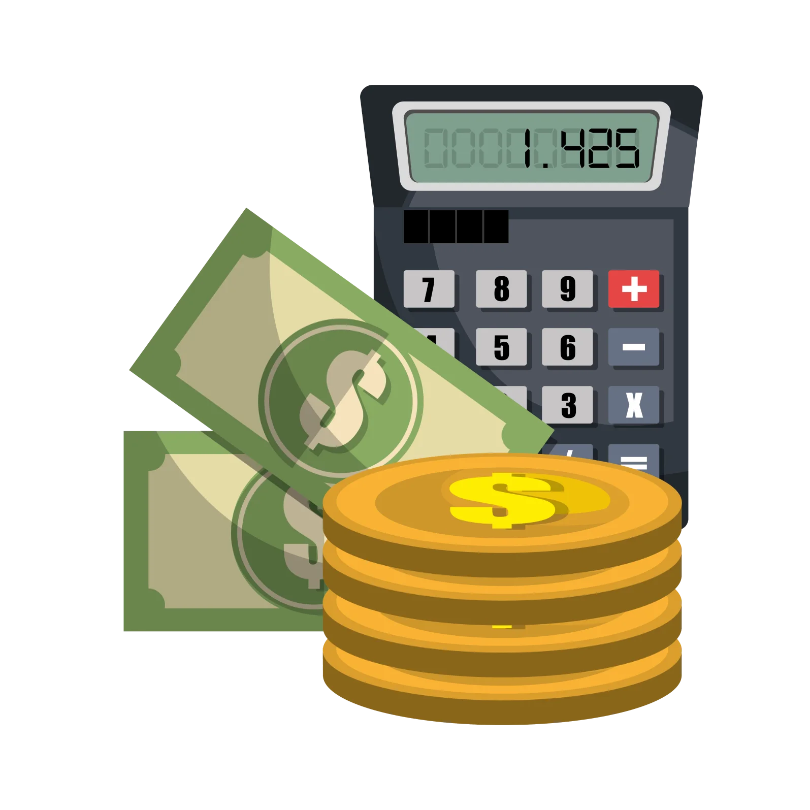 calculator-transparent icon of calculator, coins, and dollars