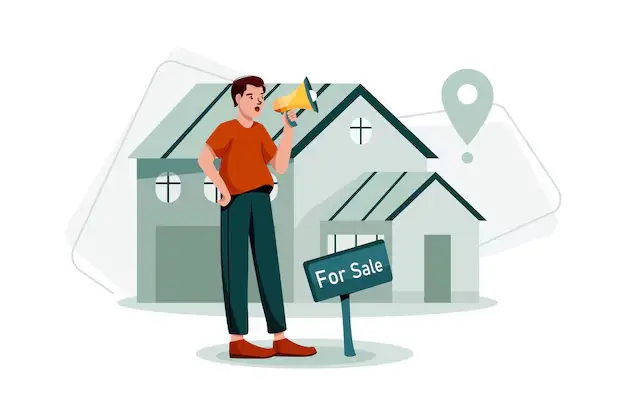 icon Home For Sale Icon graphic of green home with person standing in front of a for sale sign
