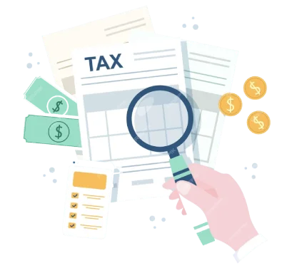 taxes-and-fees Icon with tax documents, money, and magnifying glass