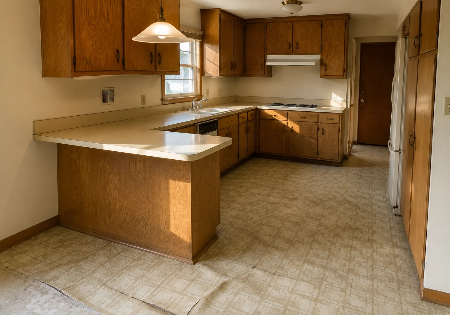 Mid-century New England kitchen interior — inherited Connecticut home deferred maintenance, post-war single-family housing stock